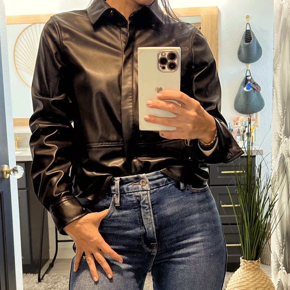 Faux leather button up.